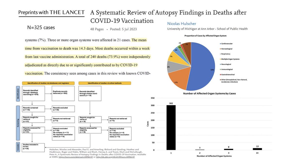 Storiesofinjury's tweet image. THE LANCET: A Systematic Review of Autopsy Findings in Deaths after COVID-19 Vaccination

🚨73.9% of deaths post vaccination could be attributed to the vaccine being a cause of death. 

“The most implicated organ system in COVID-19 vaccine-associated death was the cardiovascular…