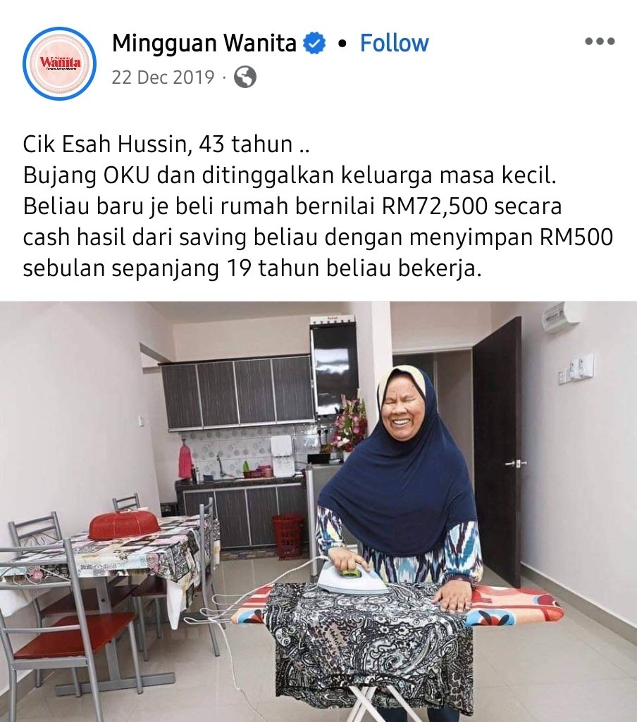afyanIFP's tweet photo. Ketika ramai kini memberi alasan harga rumah mahal, duit simpanan tak cukup, harga rumah naik angkara kapitalis, dan pelbagai lagi alasan, Cik Esah yang buta ini membeli rumah pangsa kos rendah berharga RM72,500.

Dia telah menyimpan wang itu selama 19 tahun, dengan mengetepikan sekurang-kurangnya RM500 dari gaji bulanannya sebagai penyusun fail dan pegawai telemarketing selama bertahun-tahun.

Cik Esah memohon untuk membeli pangsapuri kos sederhana rendah pada tahun 2014 tetapi timbul masalah kerana kehilangan dokumen.

Dia terpaksa mendaftar semula pada 2016 dan dipanggil untuk pengundian oleh kerajaan negeri pada tahun 2017. Beliau menerima kunci beliau pada April tahun 2018.

Apa alasan kita selepas membaca berita ini?

Nak salahkah siapa lagi kalau tak mampu nak menyimpan?

Nak salahkan siapa lagi kalau tak mampu beli rumah? 

Ini adalah thread, saya akan sambung lagi kisah bagaimana beliau menyimpan duit sebegini.

Nama saya Afyan Mat Rawi, boleh follow @afyanIFP untuk lagi tip-tip kewangan dari Wakanda.