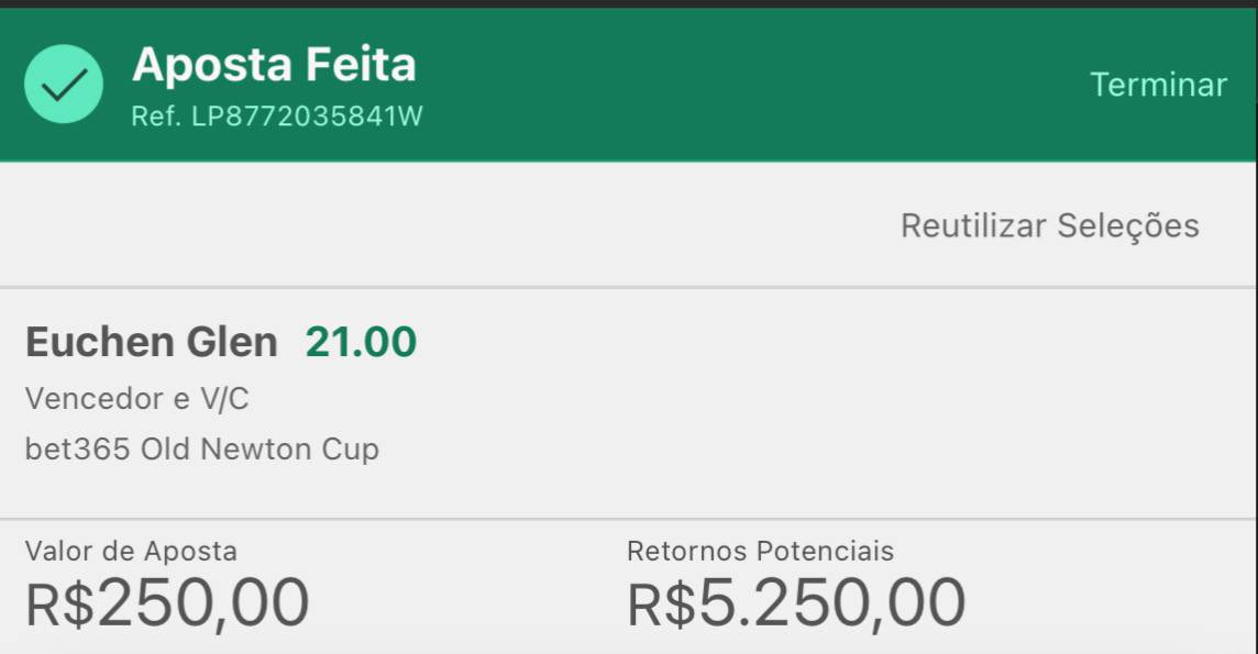 gaconsultoria1's tweet photo. 🔊Uma aposta para Antepost

Euchen Glen é o objetivo.

Seu treinador Jim Goldie declarou recentemente que o objetivo da temporada para EUCHEN GLEN é o Bet365 Old Newton Cup no próximo sábado em Haydock.

Este veterano de 10 anos não terá vida fácil e o preço em @21 justifica o nível do páreo, a força do páreo La Yakel ainda não tem presença confirmada e nem a escolha do jóquei para montar, fazendo disto mais uma justificativa pela nossa escolha. Mas o que chama atenção a favor de Euchen Glen é a sua campanha histórica, o cavalo tem 12 vitórias na campanha, apenas uma vitória como favorito e outras 5 vitórias com Odd acima de 2 dígitos. O jóquei Paul Mulrennan conhece o animal nas palmas da mão vencendo 8 corridas com o mesmo.  

Estou Euchen Glen @21.00 em 1% investido na Bet365