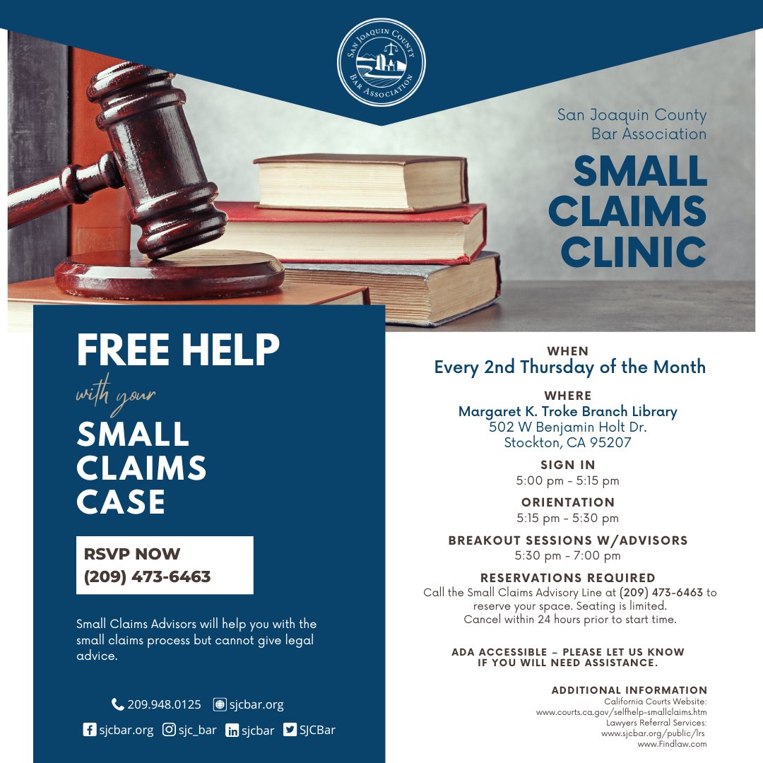 Need help with your small claims case? Join us at the SJCBA Small Claims Clinic happening next week, Thursday, July 13 at the Troke Library. RSVP required by calling 209-473-6463.

@ssjcpl #communityresource #smallclaimsclinic #free