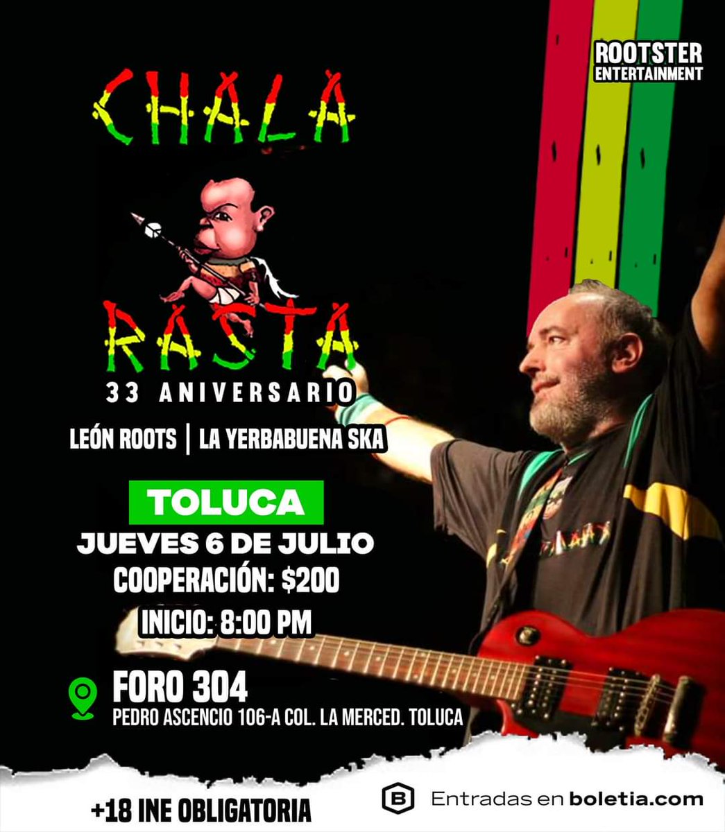 Gira por México y Centroamérica
<a href="/Chala_Rasta/">Chala Rasta Reggae</a>
📅 Jueves 6 de julio
📌 Foro 304
📍Toluca 🇲🇽
Entradas en venta en boletia.com
#Reggae
#Gira
#ChalaRasta 
#Mexico