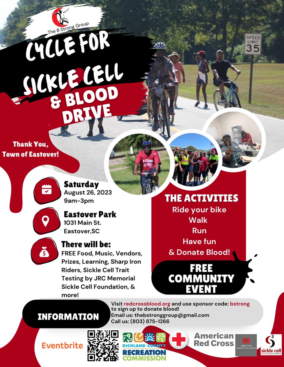thebstronggroup's tweet photo. Save the date! We will partner w @RichlandRec & @RedCrossSC to host the Cycle for Sickle Cell & Blood Drive Community Health Event, Saturday, August 26 from 9am-3pm. Vendors, message us! https://t.co/qBnjn90oxm
#CycleforSickleCell #BloodDrive #SCSickleStrong https://t.co/HBGFSAgxU3