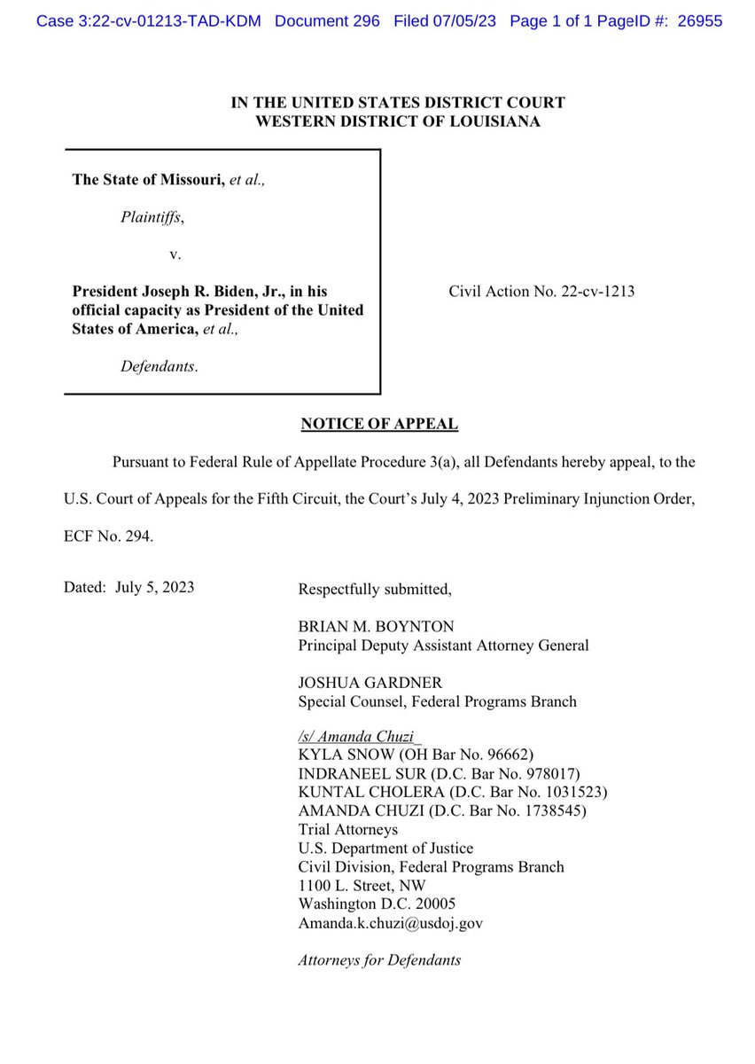 LauraPowellEsq's tweet image. No surprise that the feds aren’t going to give up their censorship power without a fight. Appeal filed in Missouri v. Biden.