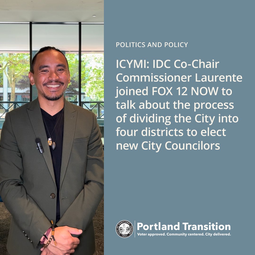 PortlandGov's tweet photo. Did you catch the @fox12oregon interview with IDC Commissioner Laurente last week? Learn more about the commission, their work, and the three district map options they presented to Portlanders.
View the full interview: https://t.co/uxghd1D3K6
#DistrictMapping #PortlandGov https://t.co/wux6zeR5SU