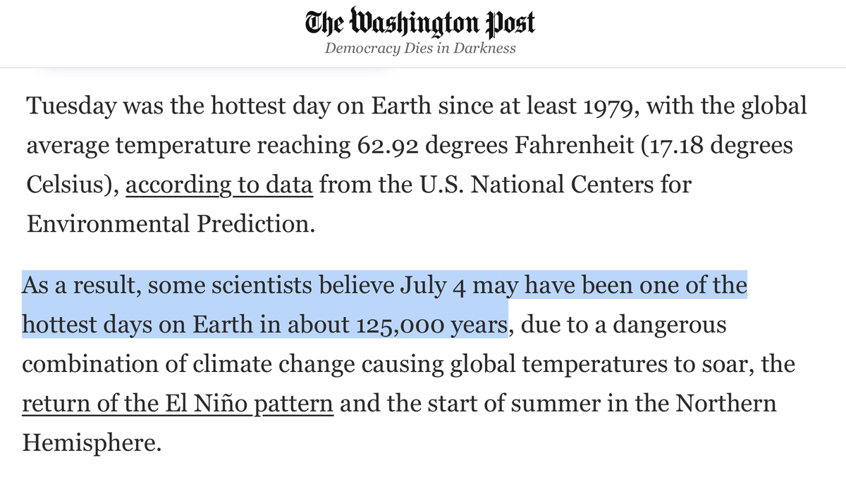 Scientists estimate that Monday, July 3 and subsequently Tuesday, July 4 were the hottest days on Earth for 125,000 years. washingtonpost.com/climate-enviro…