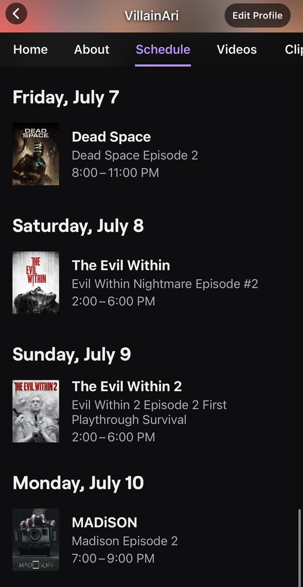 Stream schedule for this week. #ttv #twitch #StreamerCommunity #smallstreamer #StreamersConnected #horror #horrorgamer #deadspace #evilwithin #evilwithin2 #madison