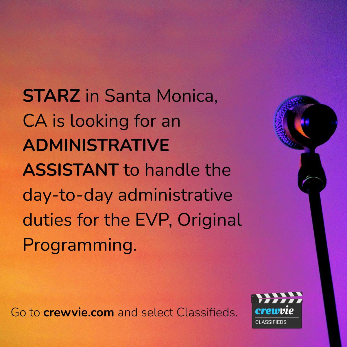 crewvie's tweet photo. STARZ in Santa Monica, CA is looking for an ADMINISTRATIVE ASSISTANT to handle the day-to-day administrative duties for the EVP, Original Programming.
#nowhiring @starzcareers

Learn more: https://t.co/kFX4Y46nLW https://t.co/RHvl7FGVnL