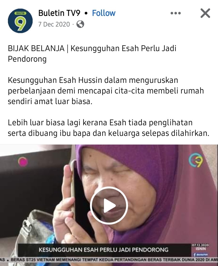 afyanIFP's tweet photo. Sambungan thread kisah Cik Esah OKU buta beli rumah CASH!

Kisah ini viral beberapa tahun sudah. Ia satu pukulan buat mereka yang asyik menyalahkan orang lain apabila membeli rumah.

Kita tengok pula riwayat kehidupan Cik Esah. 

Beliau dibesarkan di rumah anak yatim di Kelantan selepas ditinggalkan ibu bapanya. Beliau kemudian belajar di SK Pendidikan Khas Princess Elizabeth di Johor Bharu. Dia berpindah ke rumah anak yatim di Setapak, Kuala Lumpur, semasa beliau sekolah menengah.

Selepas menamatkan pengajiannya, dia ke Rumah St Nicholas, di mana dia belajar kemahiran hidup asas, kemahiran berkomunikasi dan Teknologi Maklumat (IT).

Dan titik perubahan datang apabila dia bertemu jurulatihnya Jayah Doraisamy, seorang non-Muslim.

Jayah Doraisamy menggalakkan Cik Esah untuk berjimat dan membeli rumah. Dia membelanjakan wang dengan bijak dan berhati-hati, hanya menggunakan wang dari Elaun Pekerja Kurang Upaya (EPC) , iaitu RM300 sebulan. Jumlah itu meningkat kepada RM400 tiga tahun lalu.

Kecekalan beliau saya kira berdasarkan pengalaman hidup yang ditinggalkan malah status OKU tersebut menyebabkan beliau kuat menghadapi ujian hidup.

Tahniah kita ucapkan.

Jadikan kisah Cik Esah ini sebagai pemangkin semangat untuk mencapai matlamat kewangan Tuan Puan.

Jangan asyik cari dan berikan alasan tetapi carilah jalan penyelesaian. Semoga dipermudahkan urusan Tuan Puan memiliki rumah sendiri.

Apa alasan kita selepas melihat berita ini?

Kadang kita lebih banyak bagi alasan berbanding berusaha.

Dalam kisah Cik Esah tadi, yang menjadi titik pendorong perubahan adalah apabila beliau dinasihatkan oleh jurulatihnya.

Nampak tak berapa penting mentor Dan Ilmu kewangan dlm kehidupan kita?

Saya ada buku khas untuk belajar ilmu kewangan dan reset balik mindset kita.

Buku F.I.R.E Financial Independence Retire Early #BukuFIRE

Tajuk je acah-acah English, tapi konten dalam BM.

Klik https://t.co/K5Fr82IlaG utk detail buku tersebut.