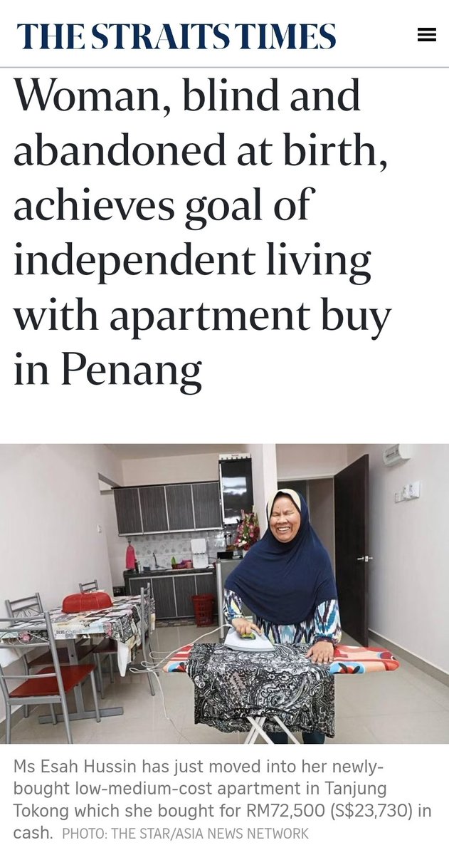 afyanIFP's tweet photo. Sambungan thread kisah Cik Esah OKU buta beli rumah CASH!

Kisah ini viral beberapa tahun sudah. Ia satu pukulan buat mereka yang asyik menyalahkan orang lain apabila membeli rumah.

Kita tengok pula riwayat kehidupan Cik Esah. 

Beliau dibesarkan di rumah anak yatim di Kelantan selepas ditinggalkan ibu bapanya. Beliau kemudian belajar di SK Pendidikan Khas Princess Elizabeth di Johor Bharu. Dia berpindah ke rumah anak yatim di Setapak, Kuala Lumpur, semasa beliau sekolah menengah.

Selepas menamatkan pengajiannya, dia ke Rumah St Nicholas, di mana dia belajar kemahiran hidup asas, kemahiran berkomunikasi dan Teknologi Maklumat (IT).

Dan titik perubahan datang apabila dia bertemu jurulatihnya Jayah Doraisamy, seorang non-Muslim.

Jayah Doraisamy menggalakkan Cik Esah untuk berjimat dan membeli rumah. Dia membelanjakan wang dengan bijak dan berhati-hati, hanya menggunakan wang dari Elaun Pekerja Kurang Upaya (EPC) , iaitu RM300 sebulan. Jumlah itu meningkat kepada RM400 tiga tahun lalu.

Kecekalan beliau saya kira berdasarkan pengalaman hidup yang ditinggalkan malah status OKU tersebut menyebabkan beliau kuat menghadapi ujian hidup.

Tahniah kita ucapkan.

Jadikan kisah Cik Esah ini sebagai pemangkin semangat untuk mencapai matlamat kewangan Tuan Puan.

Jangan asyik cari dan berikan alasan tetapi carilah jalan penyelesaian. Semoga dipermudahkan urusan Tuan Puan memiliki rumah sendiri.

Apa alasan kita selepas melihat berita ini?

Kadang kita lebih banyak bagi alasan berbanding berusaha.

Dalam kisah Cik Esah tadi, yang menjadi titik pendorong perubahan adalah apabila beliau dinasihatkan oleh jurulatihnya.

Nampak tak berapa penting mentor Dan Ilmu kewangan dlm kehidupan kita?

Saya ada buku khas untuk belajar ilmu kewangan dan reset balik mindset kita.

Buku F.I.R.E Financial Independence Retire Early #BukuFIRE

Tajuk je acah-acah English, tapi konten dalam BM.

Klik https://t.co/K5Fr82IlaG utk detail buku tersebut.