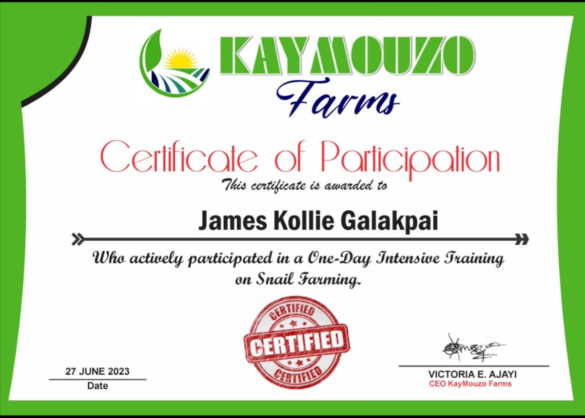 GalakpaiK's tweet photo. Earned another Certificate in snail 🐌🐌 Farming from  Nigeria.  
Congratulations 🎉 to all  Liberia Feed Yourself Agriculture Initiative-LIFAI company supporters and followers for their support and prayers. https://t.co/KMnqyjhwng
