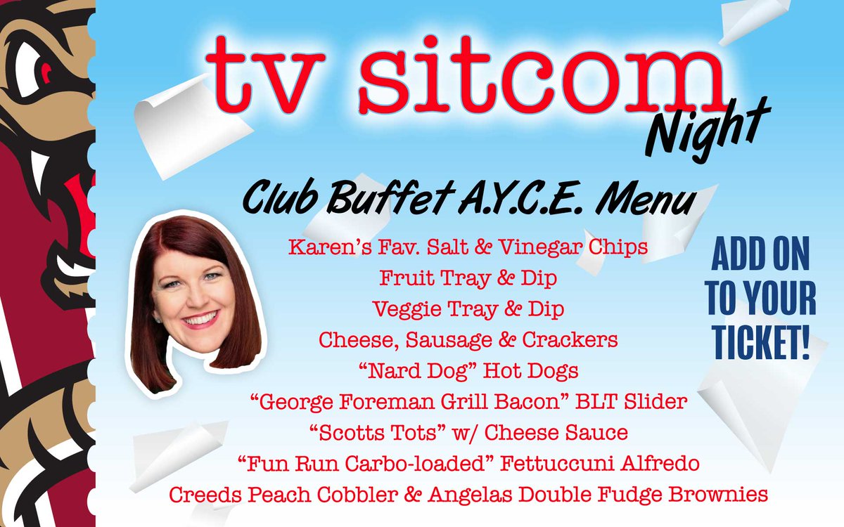 TimberRattlers's tweet photo. You coming to Sitcom Night tomorrow night? 📺
We have a special themed AYCE Club Buffet you can add on to your ticket! 🌭

Add To Your Tickets: https://t.co/U7hXd5Qt1o
Need Tickets: https://t.co/eBMl4hj1zv

#TRatNation #SitcomNight https://t.co/STseyTDSu4