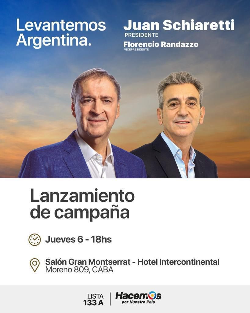 hacemosxarg's tweet photo. ¡Levantemos Argentina! 🙌🏼

Presentamos a nuestros candidatos @JSchiaretti presidente y @RandazzoF vicepresidente.

🗓 Jueves 06/07
⏰ 19 h
📍 Salón Gran Montserrat - Hotel Intercontinental (Moreno 809, CABA) 

Seguí el vivo en nuestras redes 📲

#LevantemosArgentina https://t.co/HgLTFBGsjK