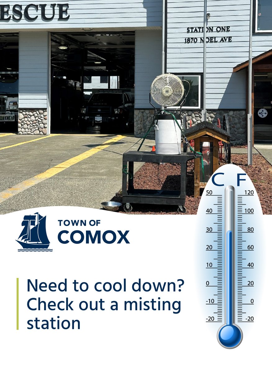 TownofComox's tweet photo. As the temperature heats up, you can count on Comox Fire Rescue to keep you cool in and around town! Check out this one in front of the fire hall.
#temperaturesrising #comox #mistingstation #comoxfirerescue https://t.co/EKB9VHI4mu