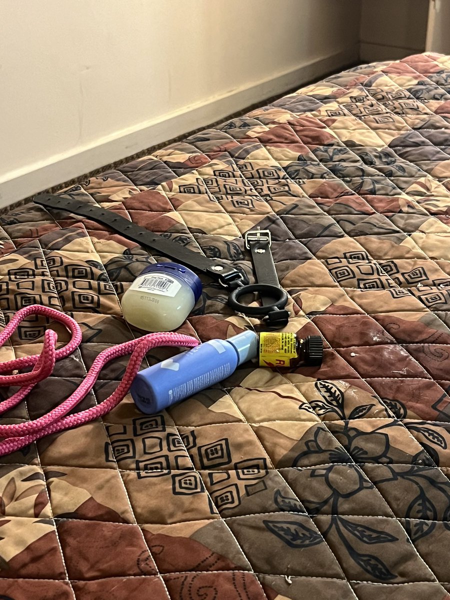 imagine walking into a room &amp; seeing this setup 😂 including the spit stain from where my face was pushed into the bed while he fucked me after he fucked my face