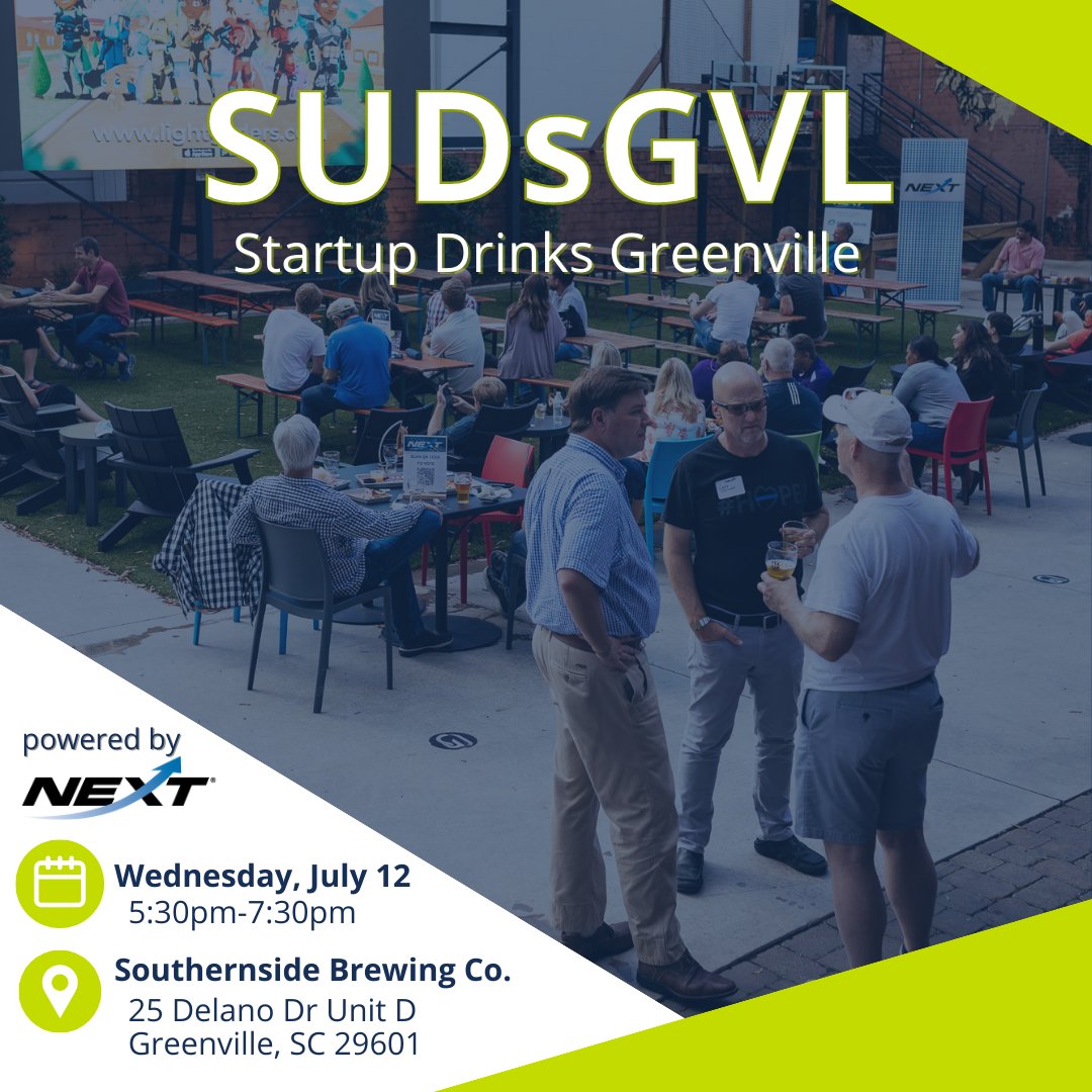 NEXTupstateSC's tweet photo. We're hosting Startup Drinks (aka SUDsGVL) at Southernside Brewing Co. next WEDNESDAY, June 12, 5:30pm-7:30pm. This networking event is all about bringing together entrepreneurs- &amp; the first drink is always on us. 🍻 Grab your tickets today! 🎟️ #StartupGVL
https://t.co/rTwkWQxluc https://t.co/V5Ixxwacet