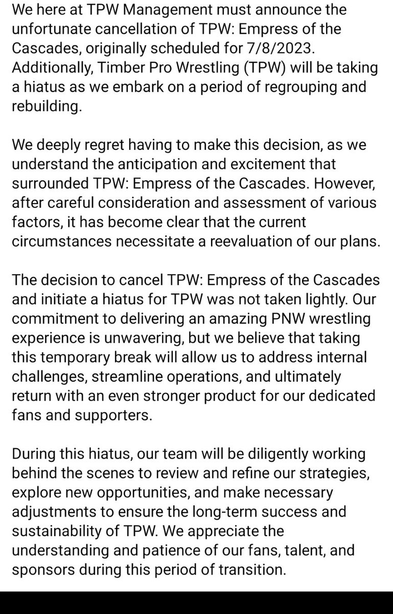 TPW_Timber's tweet photo. We deeply regret the decision to have to cancel the Empress of the Cascades tournament and will be taking a hiatus at this time. https://t.co/YVUZB8mSdJ