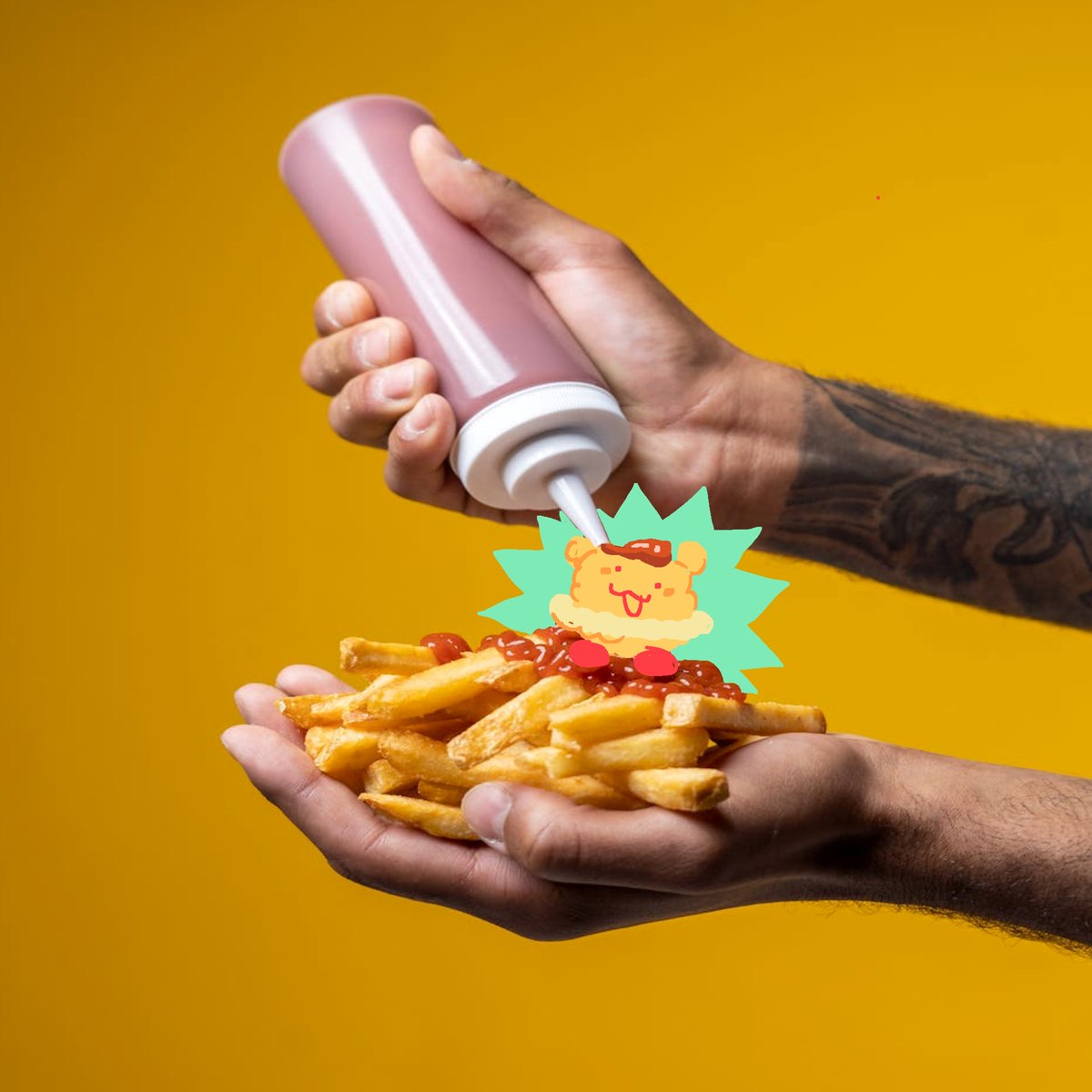 funnyfunworld's tweet image. For a splash of style, try giving your Deep-Fried Smunch a ketchup hairstyle! Bangs, pompadour, sideburns... the possibilities are endless. And delicious!