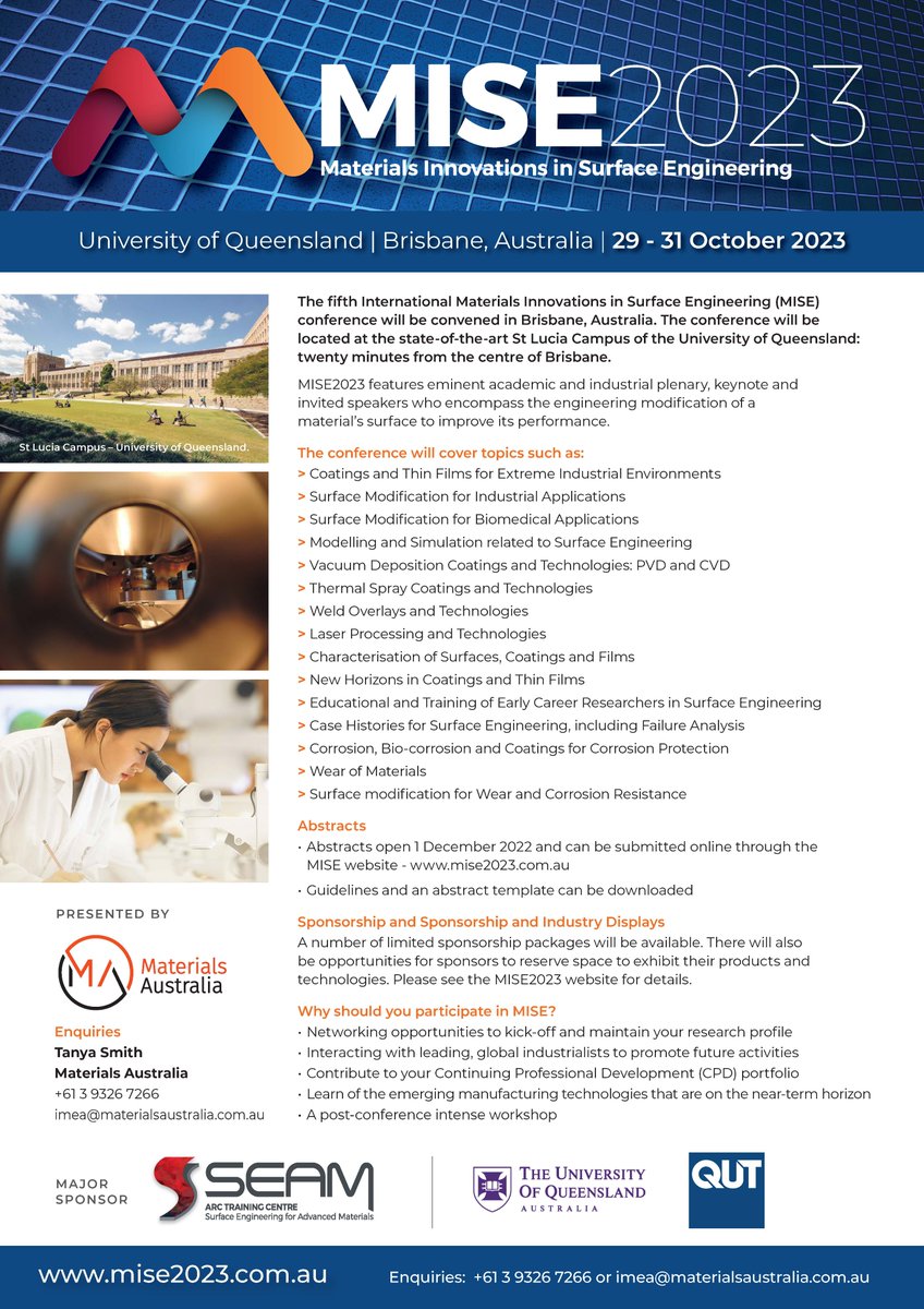 We are pleased to announce that we have extended the closing date for MISE2023! Submissions now close 31 August so get in quick! Visit  mise2023.com.au to find out more  #mise2023 #surfaceengineering #materialsscience #materialsresearch #materialsengineering