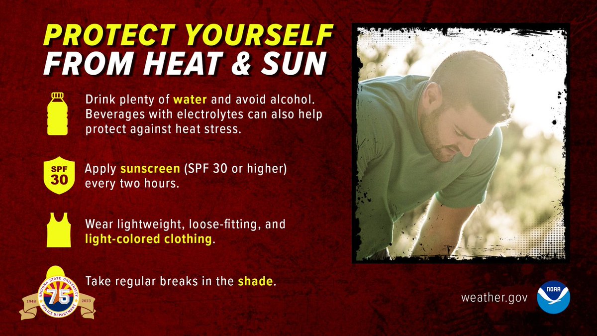ASUPolice's tweet photo. With extreme heat in the forecast for the foreseeable future, #HeatSafety is paramount for #PublicSafety!

Follow these safety tips to ensure you stay safe this summer.

#azwx #HeatTips #ASUPolice 🔱🚔 https://t.co/AObUjHzypf