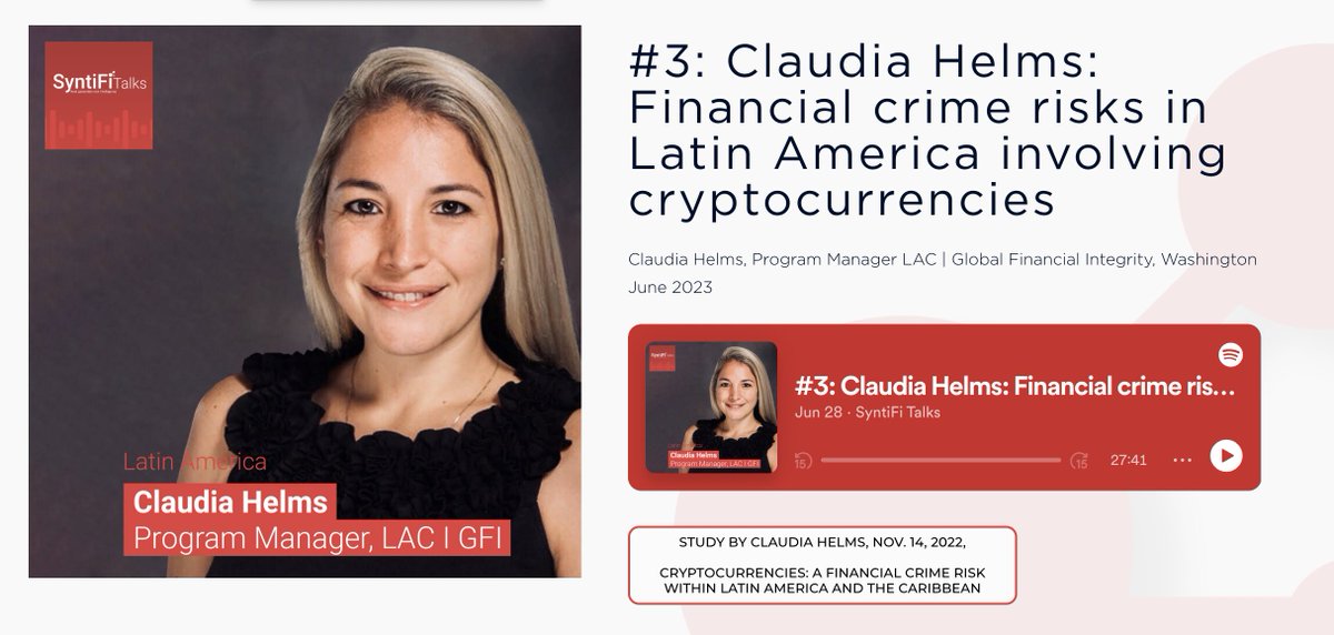 IllicitFlows's tweet photo. Interested in #Crypto ecosystems in #LatinAmerica?
π Listen @ClaudiaMHelms at #SyntiFiTalks #podcast by @SyntiFi.
ππΌ In this episode, she addresses the financial risks associated with #cryptocurrencies in the region.
https://t.co/khXmr7InEY https://t.co/tQ9Z29RsoS