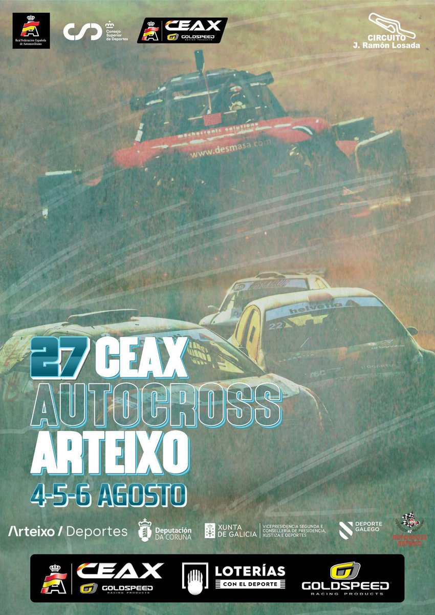 🏁27CEAX AUTOCROSS ARTEIXO 

🗓️4,5 y 6 de agosto

📍Circuito J.Ramón Losada

🟢Inscripción abierta

ℹ️ autocrossarteixo.com 
ℹ️ Tablón de anuncios en nuestro canal de Telegram: t.me/AutocrossArtei…

<a href="/CEAX_RFEdA/">Campeonato España Autocross</a> <a href="/Depucoruna/">Deputación da Coruña</a> <a href="/ArteixoOficial/">Concello de Arteixo</a> 

#autocrossarteixo #CEAXGOLDSPEED