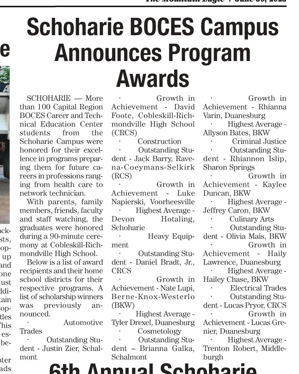 BOCES Career&Tech (@careertectweets) on Twitter photo Thanks to the <a href="/MountainEagleNY/">Mountain Eagle </a> for highlighting our <a href="/CapRegionBOCES/">Capital Region BOCES</a> #Classof2023 Schoharie Campus Program Award recipients.
<a href="/BOCESofNYS/">BOCES of New York</a> <a href="/SchalmontCSD/">Schalmont CSD</a> <a href="/crcsdistrict/">C-R Central School District</a> <a href="/MCSKnights/">Middleburgh Central Schools</a> <a href="/SchoharieHS/">Schoharie HS</a> <a href="/DuanesburgCSD/">Duanesburg Schools</a> <a href="/BKWDistrict/">BKW Schools</a> Thanks to the <a href="/MountainEagleNY/">Mountain Eagle </a> for highlighting our <a href="/CapRegionBOCES/">Capital Region BOCES</a> #Classof2023 Schoharie Campus Program Award recipients.
<a href="/BOCESofNYS/">BOCES of New York</a> <a href="/SchalmontCSD/">Schalmont CSD</a> <a href="/crcsdistrict/">C-R Central School District</a> <a href="/MCSKnights/">Middleburgh Central Schools</a> <a href="/SchoharieHS/">Schoharie HS</a> <a href="/DuanesburgCSD/">Duanesburg Schools</a> <a href="/BKWDistrict/">BKW Schools</a>