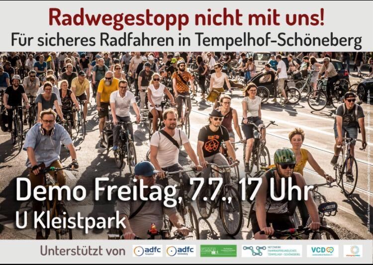 Die Streichung der Radwege in der Haupt- und Grunewaldstraße ist ein Affront gegen den Rad-, Fuß-, Bus- und Lieferverkehr. Wir nehmen das nicht hin und gehen auf die Straße. Freitag, 17 Uhr, U-Bahnhof Kleistpark .