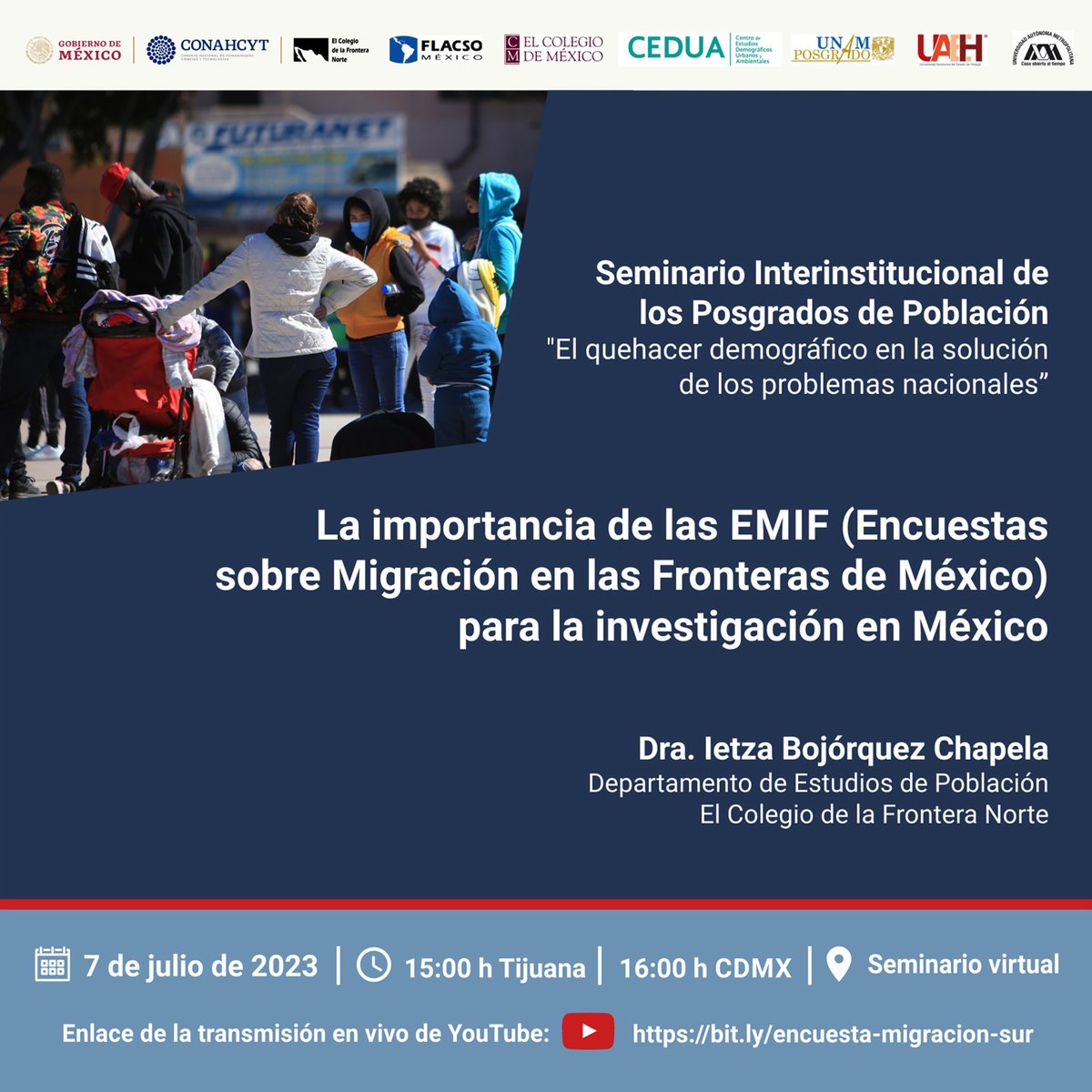 elcolef's tweet image. 📌 Del Seminario interinstitucional de los Posgrados en Población, invitamos a la presentación de la Dra. Ietza Bojórquez: La importancia de las #EMIF para la investigación en México

🗓 Viernes 7 de julio, 15 h Tijuana
Sigue la transmisión en YouTube 🔗 youtube.com/watch?v=ZEb63x…