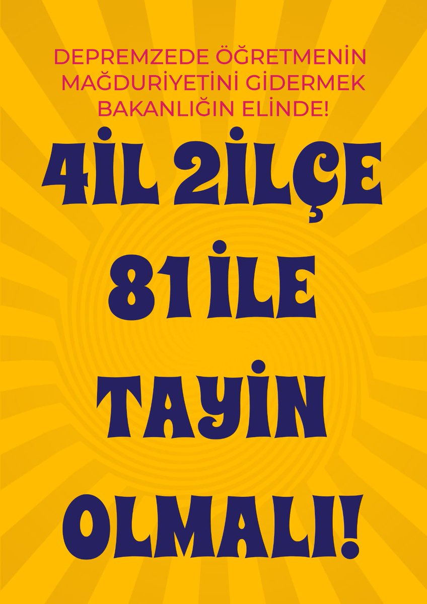 Depremden büyük zarar gören Adıyaman, Hatay, Malatya, Kahramanmaraş, Islahiye ve Nurdağı’nda görev yapan öğretmenler olarak sadece 22 ili kapsayan yer değiştirme hakkını,
👇
#kabuletmiyoruz
<a href="/tcmeb/">Millî Eğitim Bakanlığı</a>
<a href="/Yusuf__Tekin/">Yusuf Tekin</a>
<a href="/cftcblnt/">Bülent ÇİFTCİ</a>
<a href="/mebpgm/">Personel Genel Müdürlüğü</a>