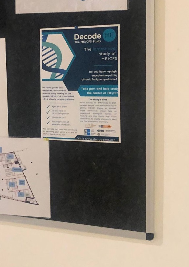 I've asked friends & family to put up DecodeME posters in public places: the local library, GP and a pharmacy. So far 6 posters have gone up- hoping to encourage others to do the same. Let's reach people who aren't on social media! @DecodeMEstudy 
@actionforme #pwME #LongCovid