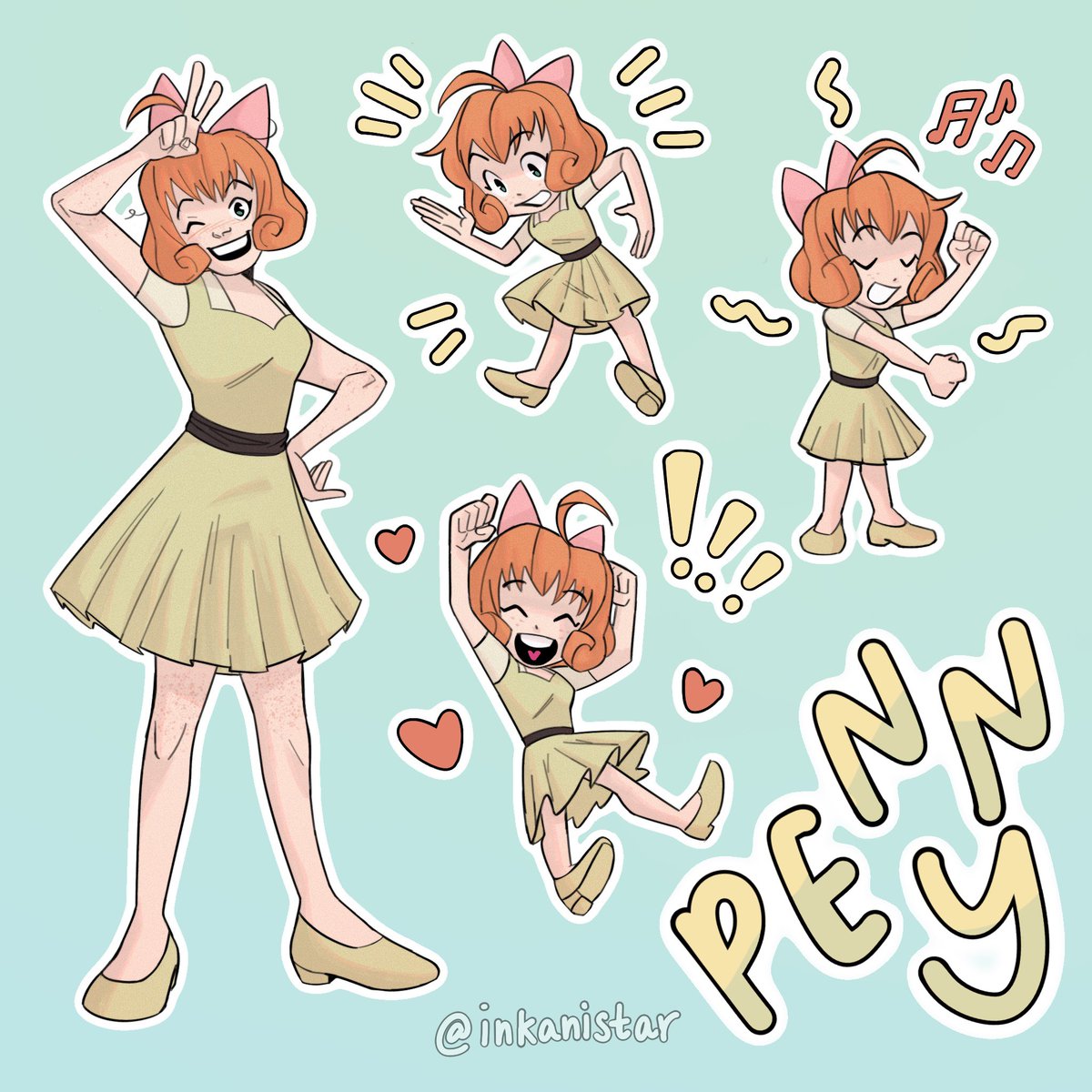 inkanistar's tweet photo. YEAHHHHH prompt 2 for penny month is formal clothes!!!! so here’s her in beacon dance attire + bonus doodles 🥹🤲💚 #RWBY #pennypolendina #RWBYart https://t.co/Jzpqtuai73