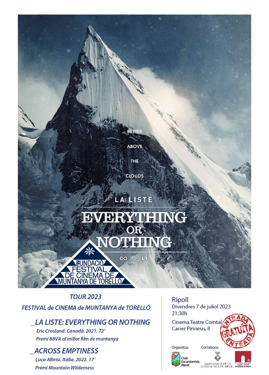 CERipoll's tweet photo. Aquest divendres 7 de juliol al Cinema Teatre Comtal a les 21h30 podreu gaudir del Festival de Cinema de Muntanya de Torelló.
No us ho deixeu perdre.
Ús i esperem! https://t.co/zHORystQQK
