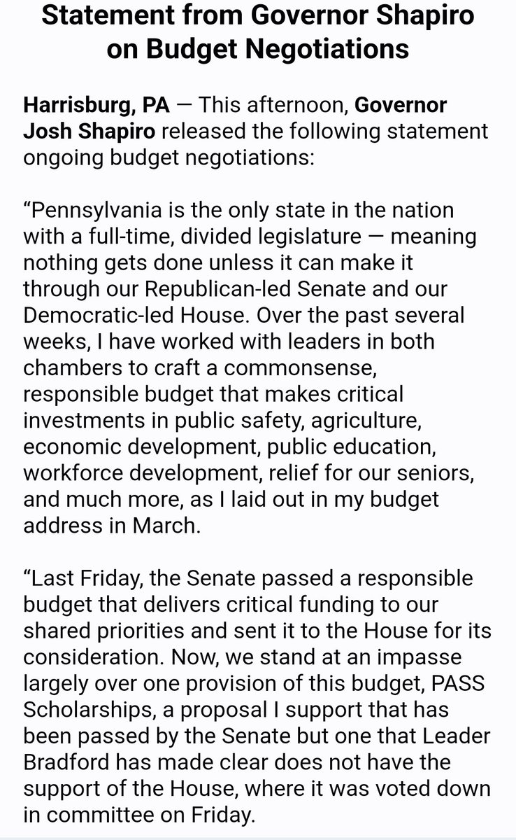 StephenJ_Caruso's tweet photo. Inbox: Gov. Josh Shapiro confirms that he will line item veto the $100 million in funding for a new school voucher program included in state Senate Republican's budget plan. https://t.co/tzeFg7tYCU