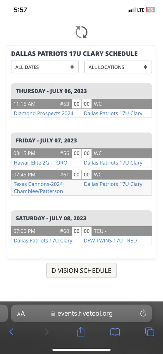 My schedule for the upcoming V Tool Mattingly Series. Looking forward to playing at TCU under the lights on July 8th.

<a href="/wlu_baseball/">W&L Baseball</a> 
<a href="/washubaseball/">WashU Baseball</a> 
<a href="/EmoryBaseball/">Emory Baseball</a> 
<a href="/Coach_babb/">Bob Babb</a> 
<a href="/Mr_Schlen/">Adam Schlenoff</a> 
<a href="/TWW_18/">Ted White</a>