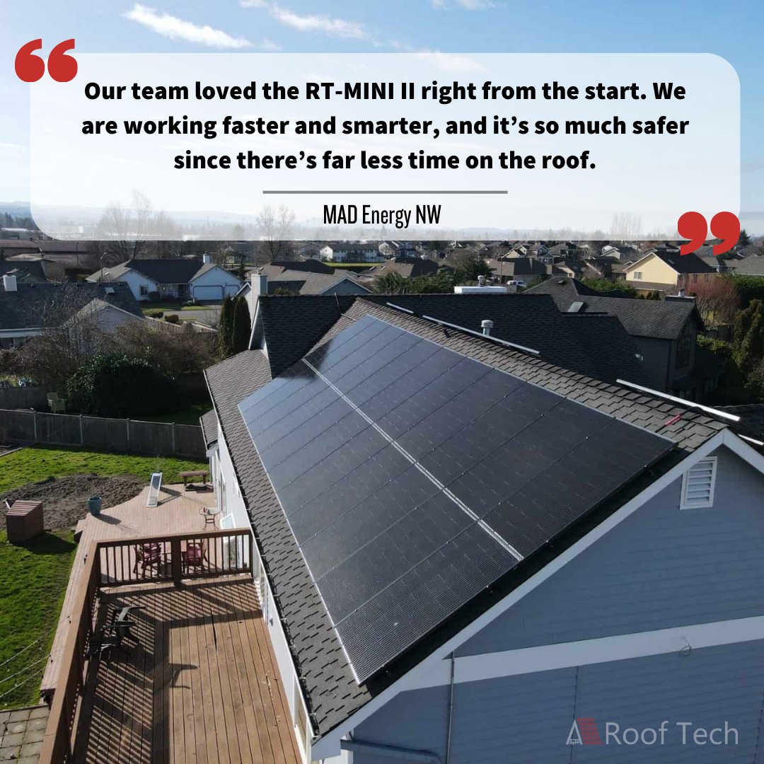 Recognizing the safety risks on roofs and that roof leaks can be a critical liability for the company, Eric Russell, Project Manager at MAD Energy NW, and his installation team began searching for an alternative and found the RT-MINI II!

#solar #RoofTech #SafetyFirst