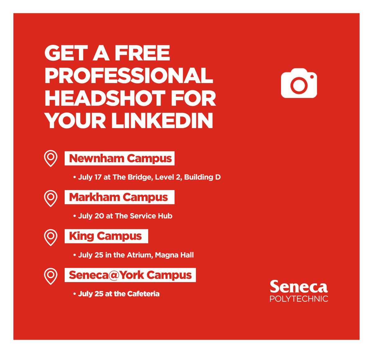 Keep your LinkedIn profile looking sharp with a headshot taken by a pro. 📸 

Photos will be taken from 10 a.m. until 4 p.m. on a first come, first served basis. Wait times may fluctuate throughout the day.