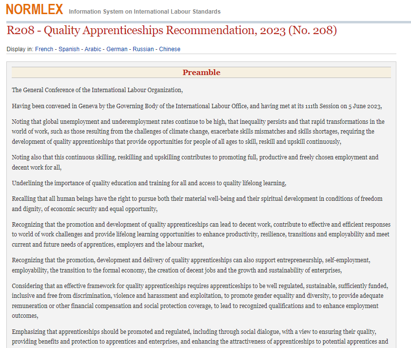 The latest @ilo Standard - Recommendation 208 on Quality Apprenticeships - adopted by #ILC2023 is now up on the web! Among other things, States should ensure that apprentices are afforded freedom of association & collective bargaining rights. Link: ilo.org/dyn/normlex/en…