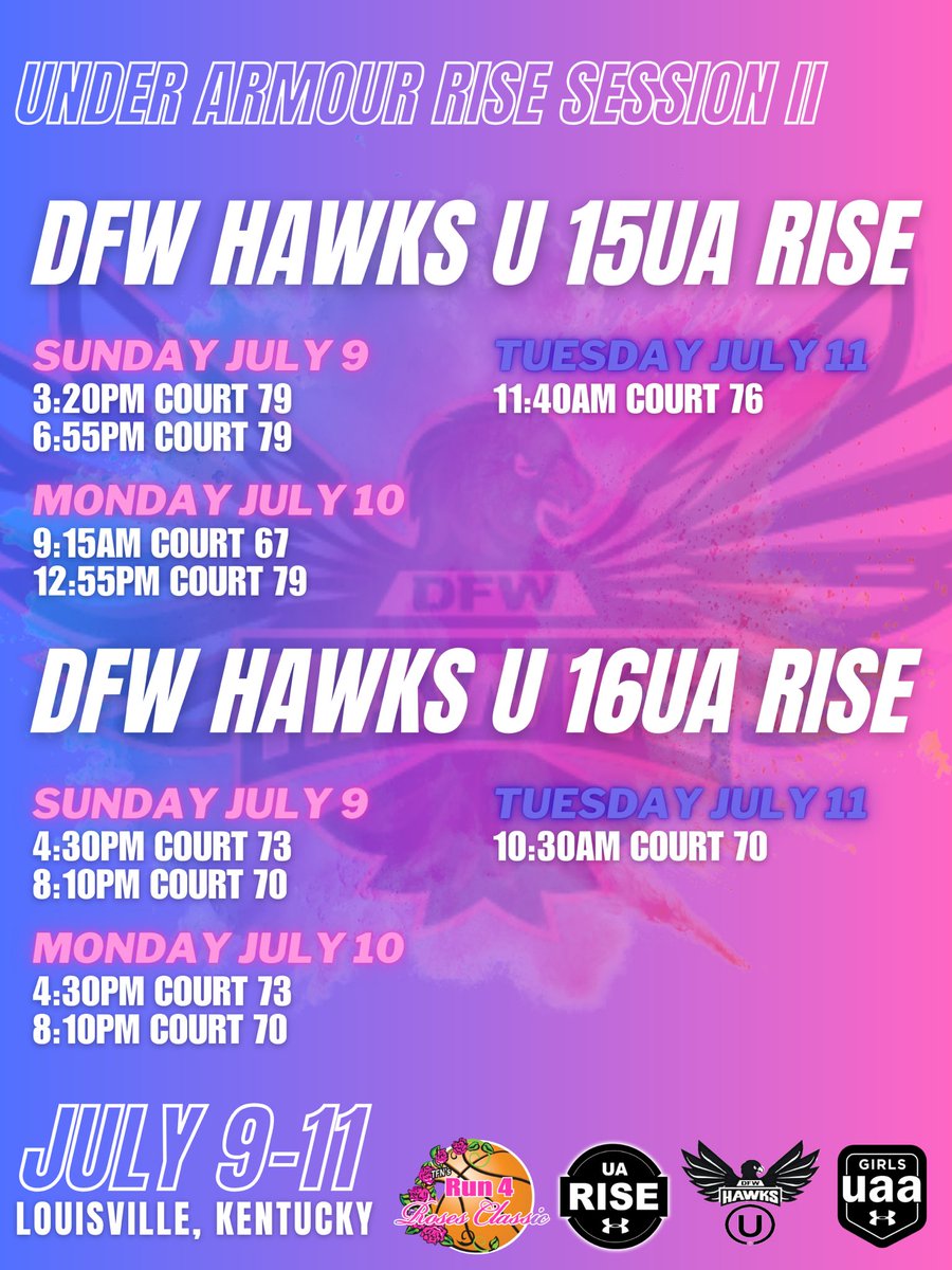 🚨 🔊 🚨🔊🚨🔊
ATTENTION COLLEGE COACHES!! 
⬇️ ⬇️⬇️⬇️⬇️⬇️⬇️⬇️⬇️
DFw Hawks UA Rise teams will be LIVE at Run for the Roses in Louisville KY July 9-11th. We are excited and looking forward to seeing you on the baselines! <a href="/TXUBasketball/">Texas U Premier</a> <a href="/CoachRich12/">Rich Anderson</a> 
#HawksFam #txufam🖤🧡
