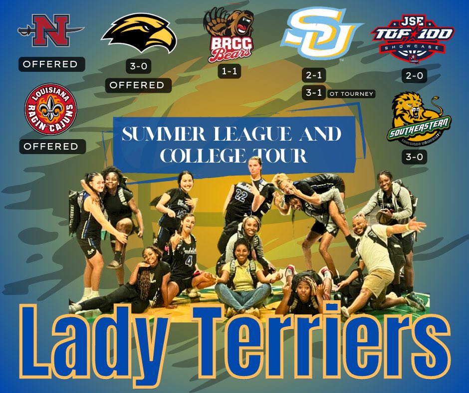JamesRoynisha's tweet photo. Summer league is officially over and the Lady Terriers have completed the month of June with a record of 17-4 including participation in college camps. Thanks to the college coaches who invited us. Congrats to our players who also picked up offers 💙💛 #LadyTerriersBasketball https://t.co/xraL4Ulu5l