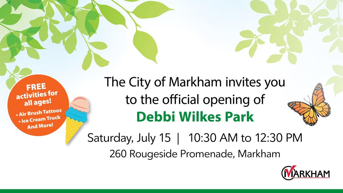 Join us Saturday, July 15, from 10:30 AM to 12:30 PM for the official opening of Debbi Wilkes Park (260 Rougeside Promenade). 

Free ice cream, airbrush tattoos &amp; more!

We can’t wait to see you there.