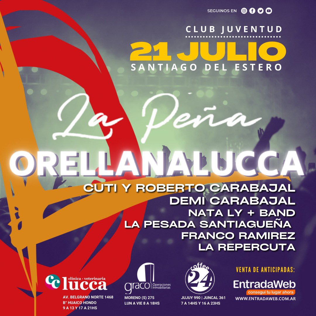 manurellana's tweet photo. #lapeña de @orellanaluccaoficial 🔥 🎫
Cuti y Roberto Carabajal 🎵 Demi Carabajal 🎵 Nata Ly + Band
La Pesada Santiagueña 🎵 Franco Ramírez &amp; La Repercuta  
📅 21 de Julio 2023 | Club Juventud #santiagodelestero 22hs
.
🎫 https://t.co/c9qWFtL4NV https://t.co/8CB0ukgxW6