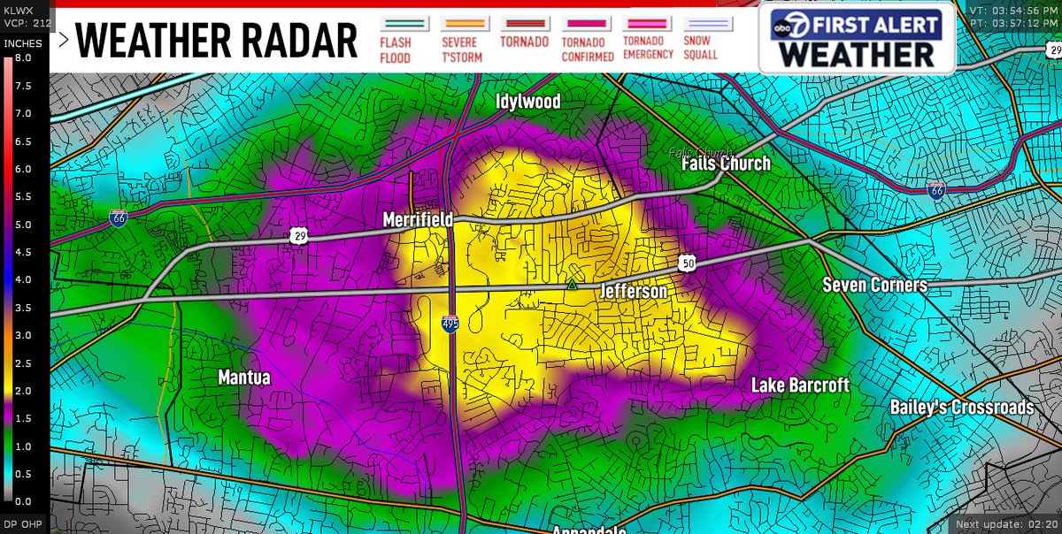 MetMattRitter's tweet photo. @7NewsDC @WTOP It's adding up and spreading out. This graphic is from about ten minutes later. One hour rainfall radar estimates. Color key on the left side of graphic. @7NewsDC #VAwx #FallsChurch #Merrifield #Vienna #FairfaxCounty https://t.co/Alg5VJUIlo