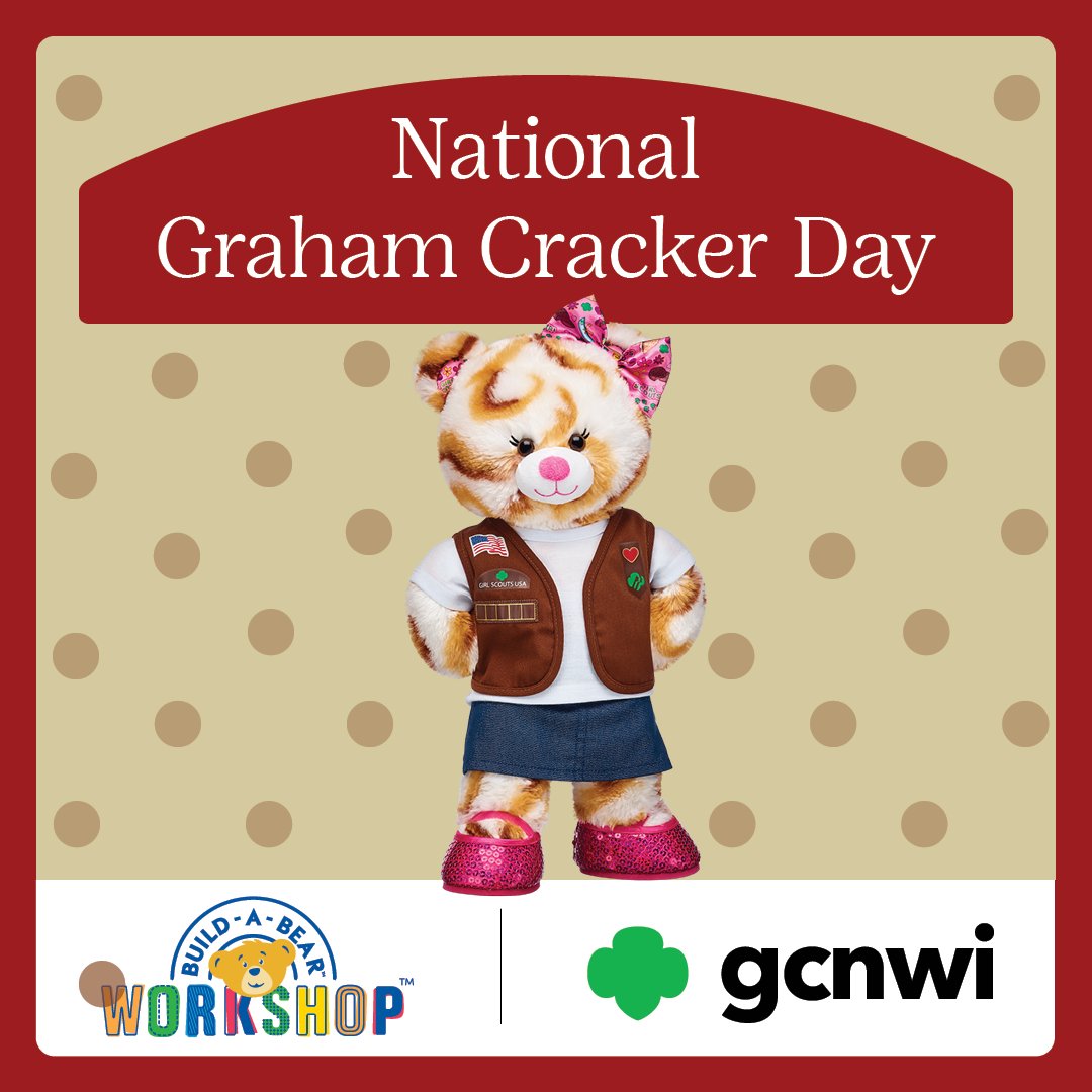 Celebrate National Graham Cracker Day with our Girl Scout S’mores® Campout Bear! This furry friend is available now with our shippable Build-A-Bear party kits. Go to the link below to order your build-a-bear home party kit! 
bit.ly/43ITQZP

#GCNWI #GirlScouts #Retail