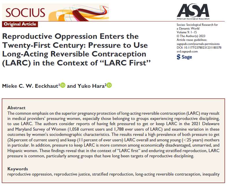 NEW #OA article out now! - "Reproductive Oppression Enters the Twenty-First Century: Pressure to Use Long-Acting Reversible Contraception (LARC) in the Context of “LARC First”" by <a href="/MiekeEeckhaut/">Mieke Eeckhaut</a> and Yuko Hara

journals.sagepub.com/doi/full/10.11…

#openscience #soctwitter
