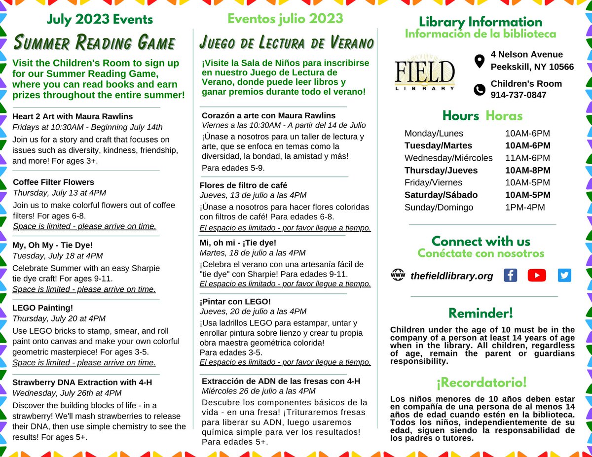 TheFieldLibrary's tweet image. *Our calendar has been updated!*
Explore all of the cool programs we have going on in the Children's Room this July!