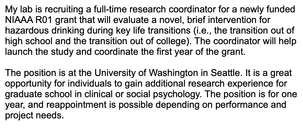 ErinWestgate's tweet image. Recent grad in need of a job? Kristen Lindgren in Seattle is looking for a lab manager! AWESOME opportunity for folks preparing for PhD programs in social psych; I spent two years working with Kristen before going to grad school. 10/10 recommend! Details:

uwhires.admin.washington.edu/ENG/Candidates…