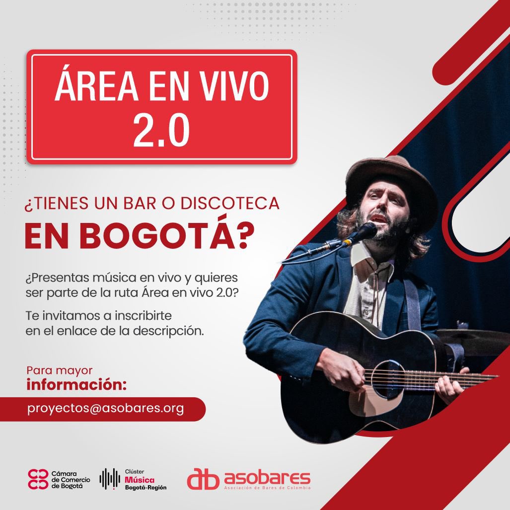 Asobares's tweet photo. En @Asobares , y en alianza con la @camaracomerbog y su Clúster de Música, estamos buscando los mejores lugares de la ciudad que ofrecen música en vivo .

🎙 Si tu establecimiento tiene esta oferta participa para poder ser parte de la GUIA DE ESTABLECIMIENTOS CON OFERTA DE MÚSICA EN VIVO EN BOGOTA, que reunirá 70 de los mejores sitios de la capital en una guia digital que publicaremos en el marco de Expobar en noviembre.

Registrarte es muy sencillo, solo debes diligenciar el formulario en el siguiente link :
https://t.co/4aAZG5xpz3

🚨🗓 Fecha límite de inscripción: 30 de julio

#asobarescolombia #camaradecomerciodebogota #AreaEnVivo2 #ClusterdeMusica