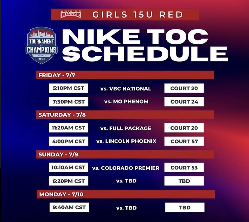savanah_kemnitz's tweet photo. here is my schedule for my tournament this weekend in Chicago!!!! @LisaMVanWyk @WisconsinBlaze https://t.co/SBUb7vPaQv
