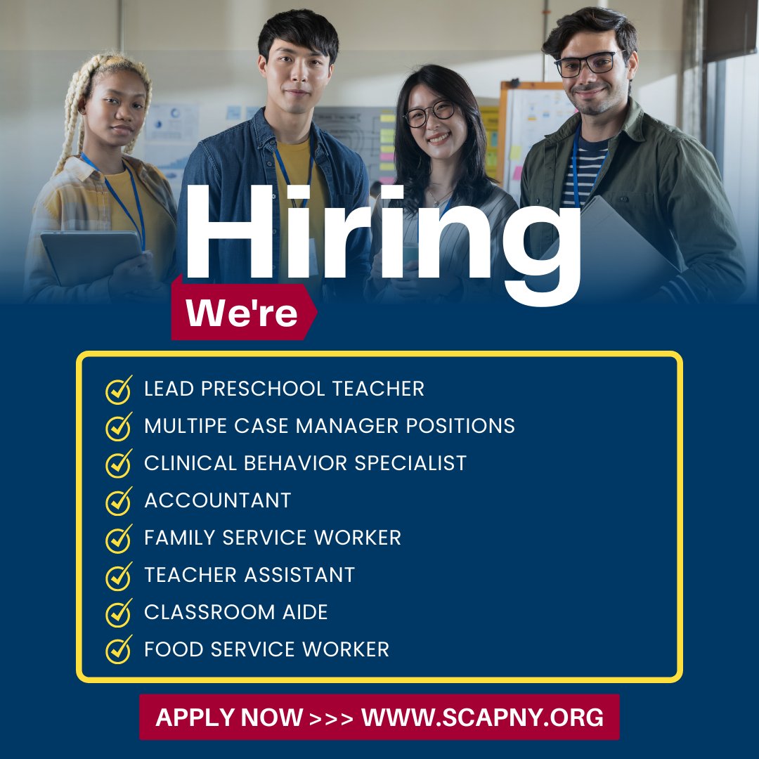 SCAPNY's tweet image. SCAP is #hiring. Come work with a fantastic team working to eradicate poverty. We recognize the importance of employee satisfaction and will provide you with all the tools you'll need, including an amazing benefits package. More info here &amp;gt;&amp;gt;&amp;gt; bit.ly/3WmKKxa