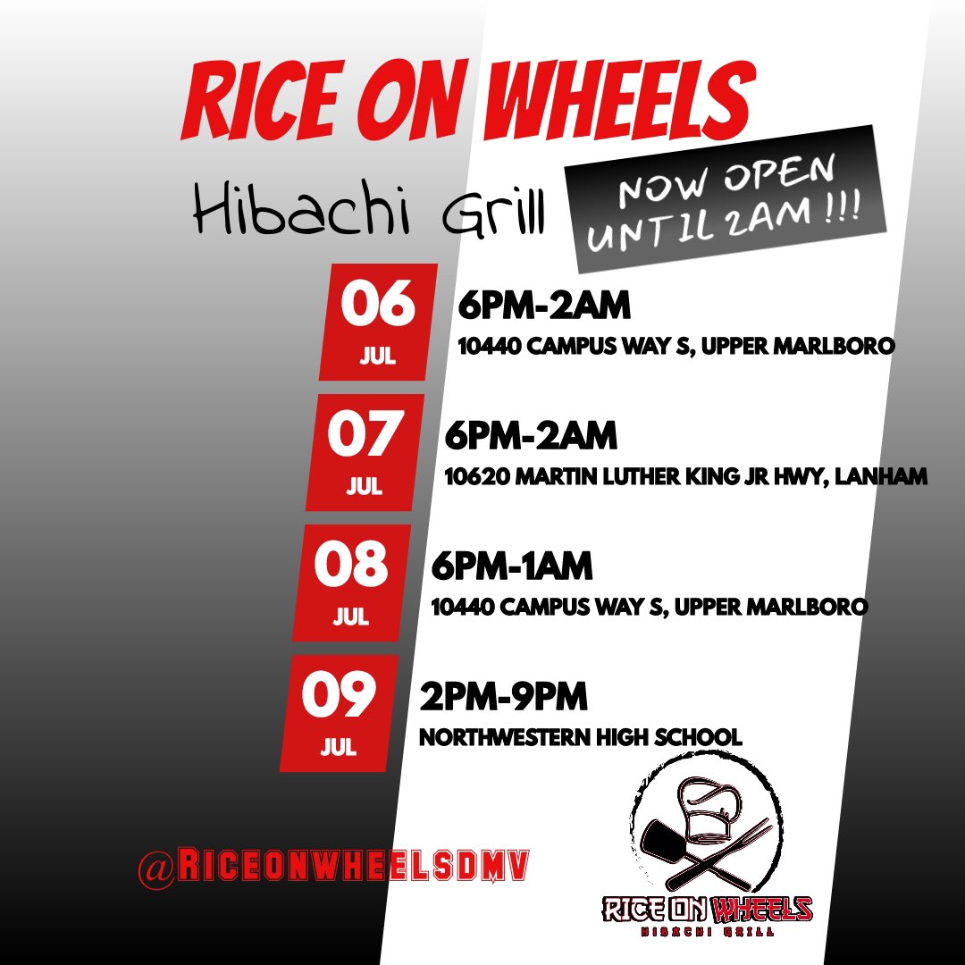 RiceOnWheelsDMV's tweet photo. Rice On Wheels will be open this weekend. Catch us at these locations. Orders for pick up and delivery will be available all weekend! 🔥🥢🍚 #dmvfoodtrucks #dmvfoodie #dmveats #dmvfoods #fyp #dmv #washingtondc #maryland #virginia https://t.co/pAdsguprTR